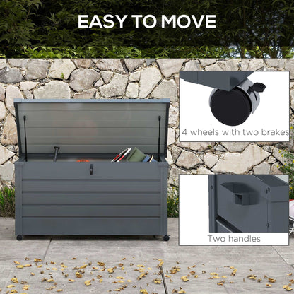 331 Litre Garden Waterproof Outdoor Storage Box With Wheels And Handles, Lockable Galvanised Steel Outside Deck Box Organiser - Dark Grey