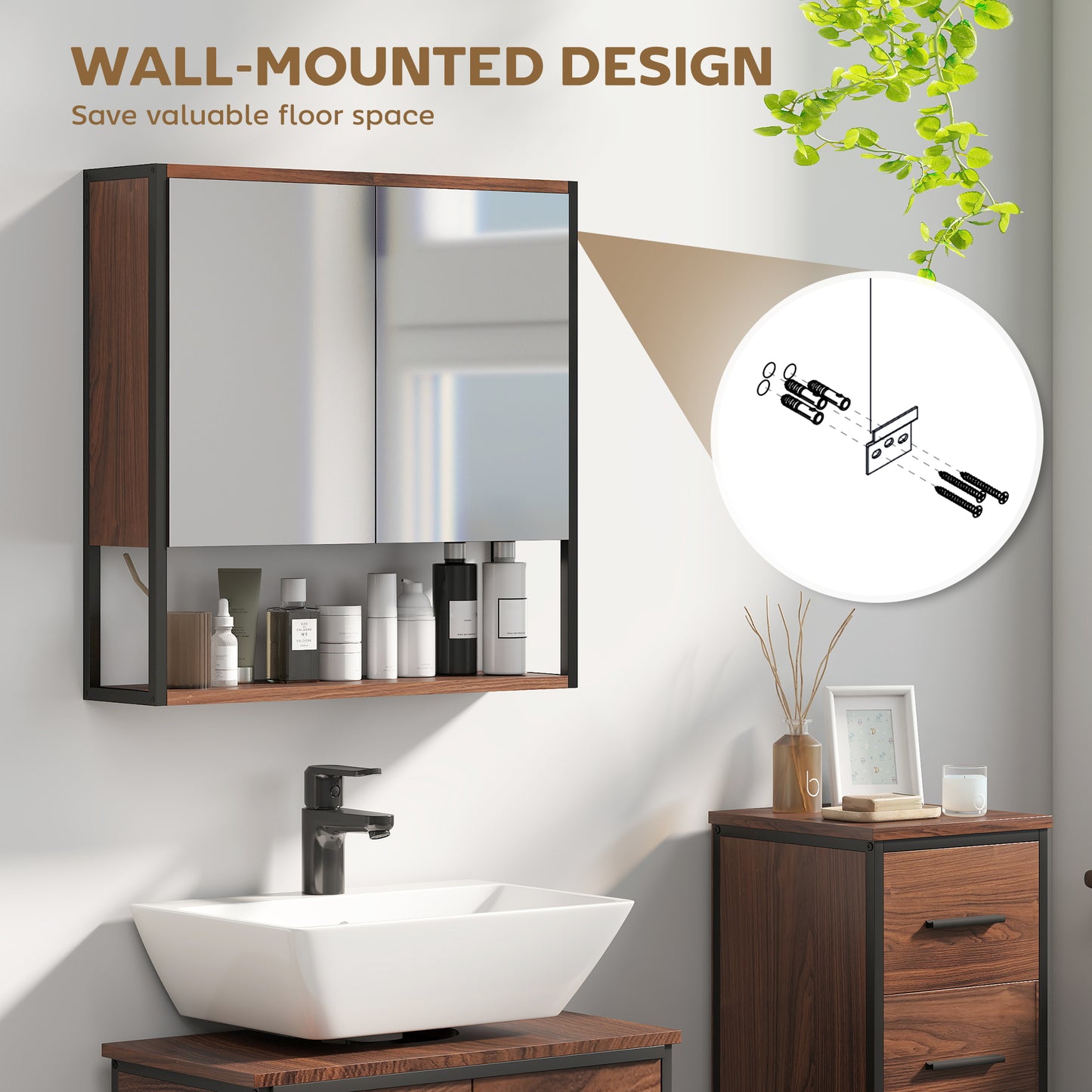 Bathroom Mirror Cabinet with Soft-Close Doors and Adjustable Shelf - Natural Wood Finish