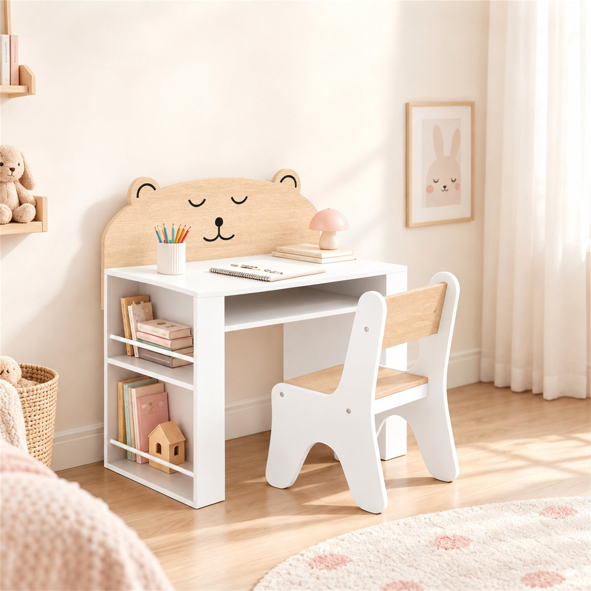 AIYAPLAY Kids Desk & Chair Set | White & Wood-Grain Bear Design | 80cm Tabletop, Side Bookshelves & Open Storage | Ages 3–8