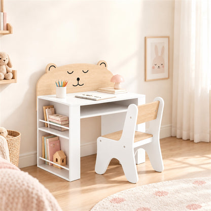 AIYAPLAY Kids Desk & Chair Set | White & Wood-Grain Bear Design | 80cm Tabletop, Side Bookshelves & Open Storage | Ages 3–8