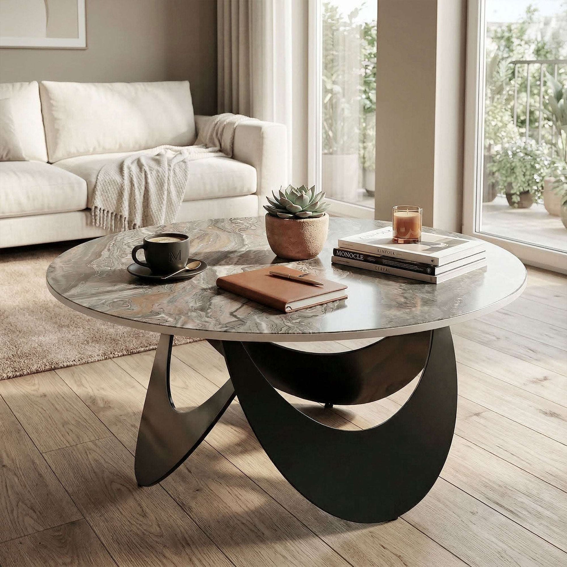 Sintered Stone Coffee Table | 80x80x40cm | Heat Resistant | Water-Glazed | Welded Metal Frame | Adjustable Feet | 40kg | Brown & Black