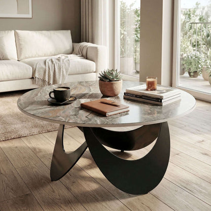 Sintered Stone Coffee Table | 80x80x40cm | Heat Resistant | Water-Glazed | Welded Metal Frame | Adjustable Feet | 40kg | Brown & Black