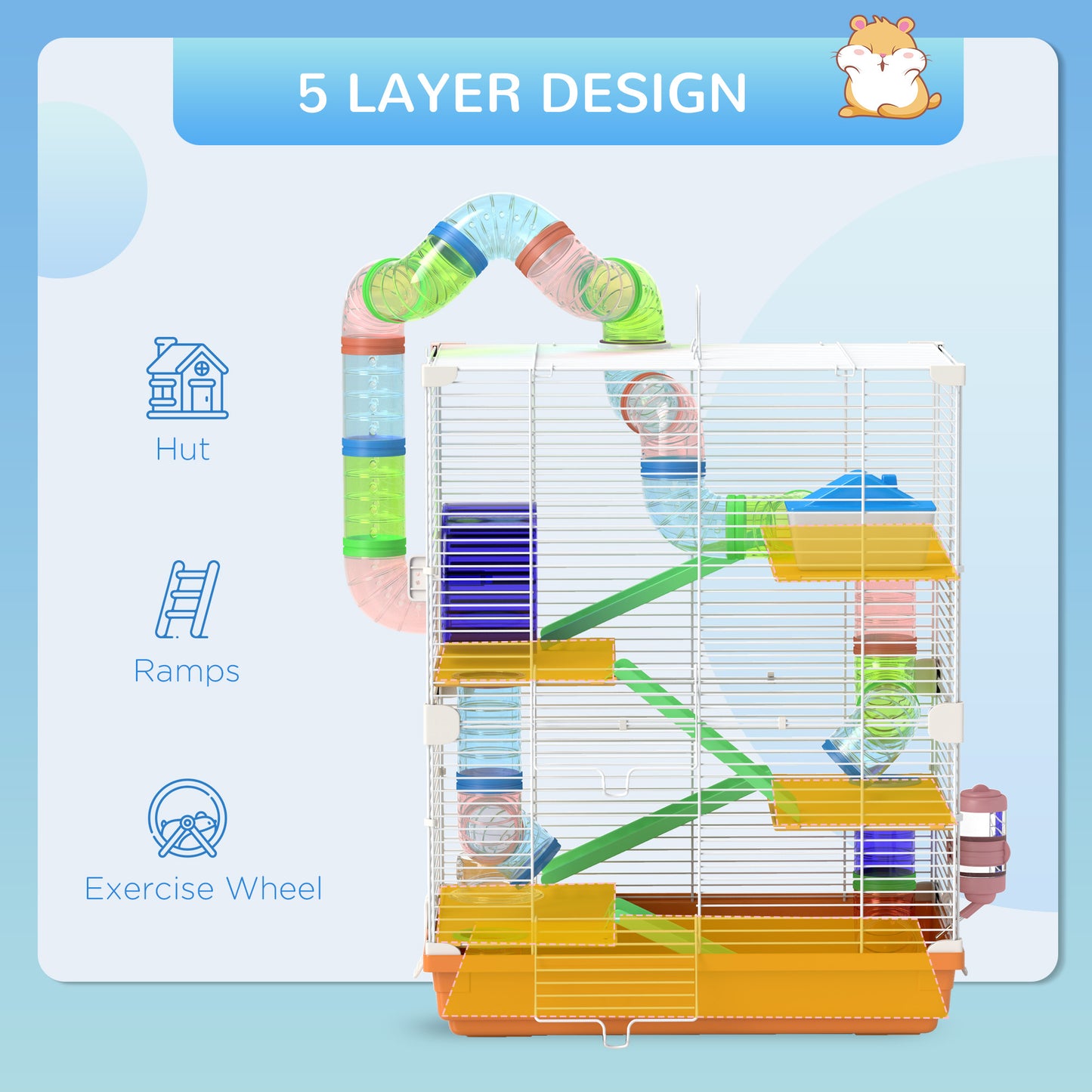 PawHut 5 Tier Hamster Cage Carrier Habitat With Exercise Wheels, Tunnel