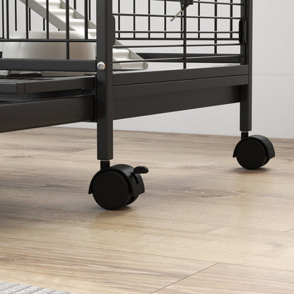 PawHut 4-Level Small Animal Cage | 95cm Tall Black | Metal PP Mesh | 3 Platforms 3 Ramps | Removable Tray | Rolling Lockable Wheels | Food Dish & Water Bottle | Multi-Door Access | 61.5x44x95cm