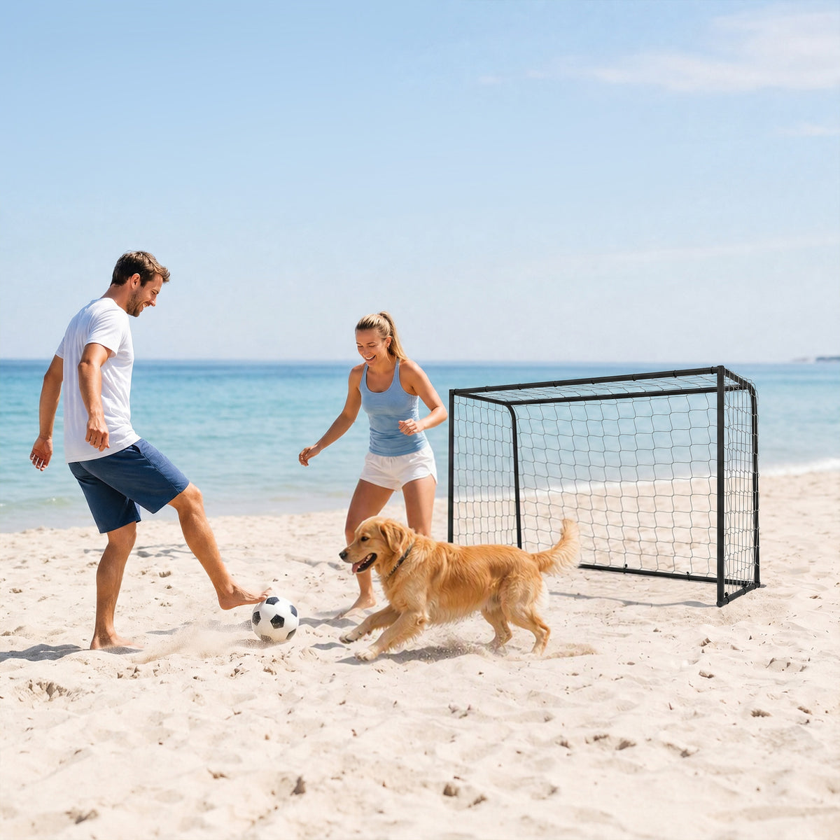 SPORTNOW Football Goal | Black & White | 6x4ft 180x90x122cm | 32mm Metal Frame | Polyester Net 10x10cm Mesh | 22 Bungee Cords | 4 Ground Stakes | Indoor Outdoor | Age 5+