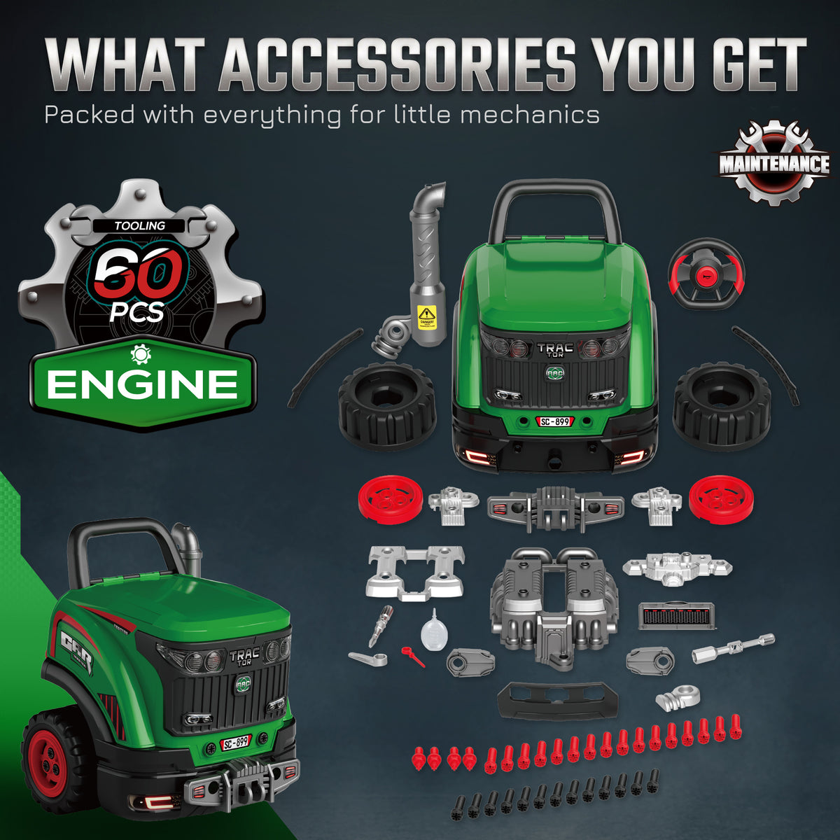 Kids Truck Engine Toy | Green Pretend Play Mechanic Workshop with 55 Accessories