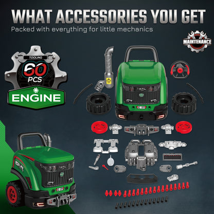 Kids Truck Engine Toy | Green Pretend Play Mechanic Workshop with 55 Accessories