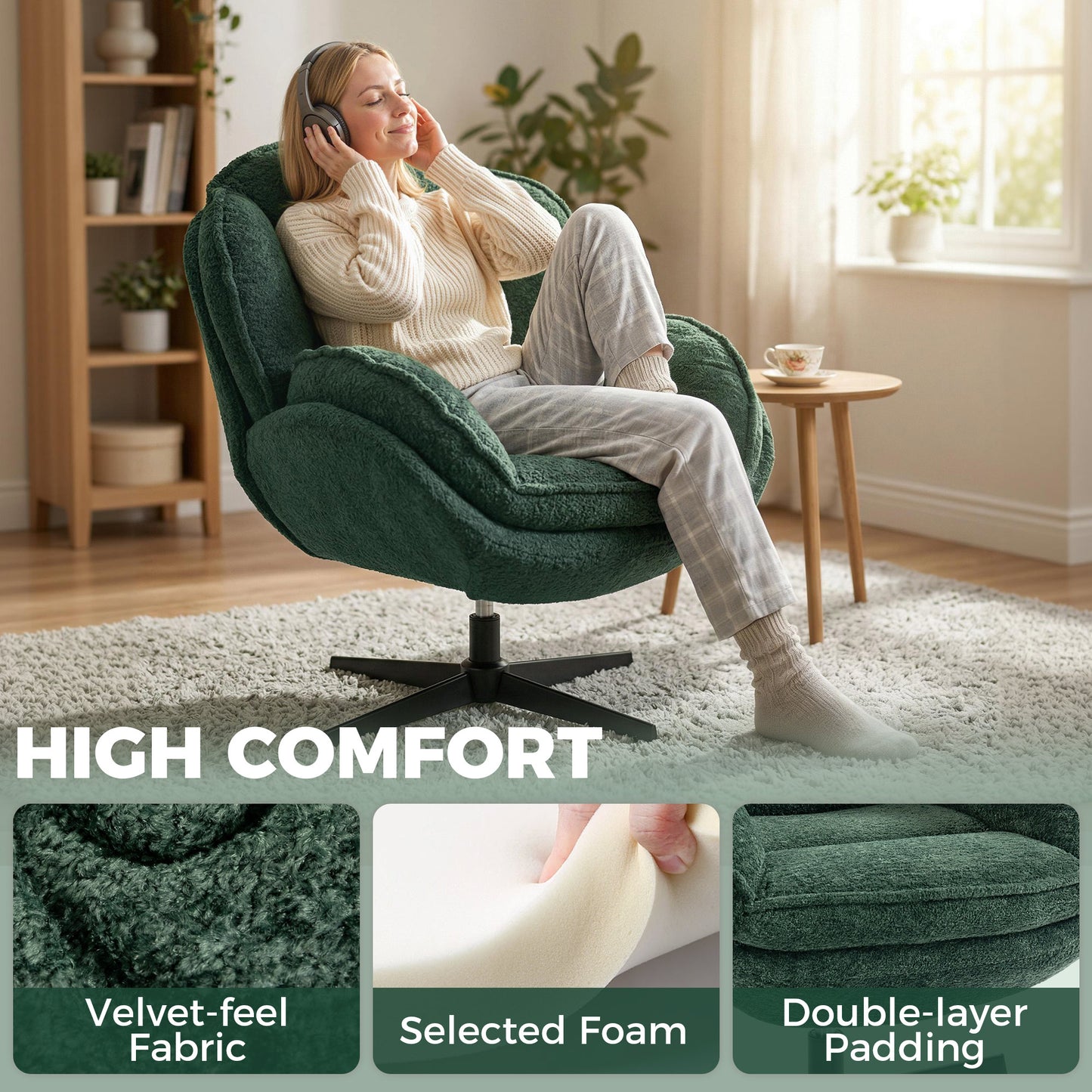 Modern Wingback Accent Chair, Velvet Armchair with Four-Star Base, S-Springs, 360° Swivel, Dark Green