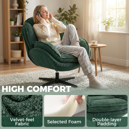 Modern Wingback Accent Chair, Velvet Armchair with Four-Star Base, S-Springs, 360° Swivel, Dark Green