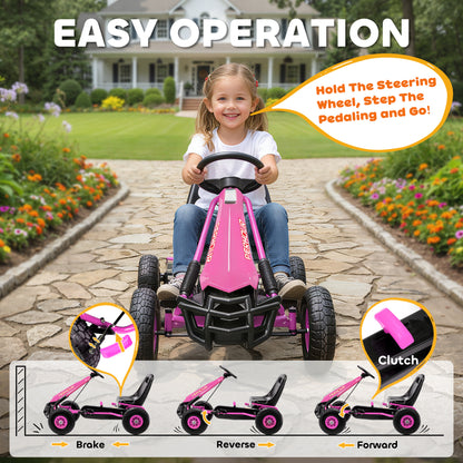AIYAPLAY Kids Pedal Go Kart with Adjustable Seat, EVA Tyres, Manual Clutch, Brake, Go Kart for Kids 3-8 Years, Pink
