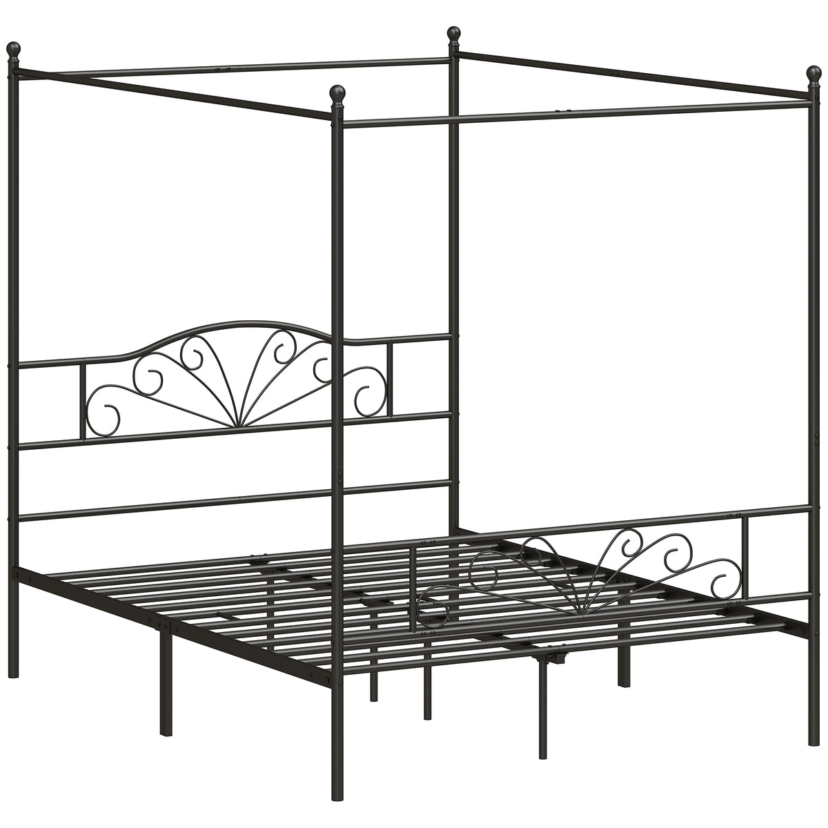 King Size Four-Poster Canopy Bed Frame | Headboard & Footboard | EVA-Padded Centre Bar | 12 Slats | 6 Legs | 29cm Under-Bed | 240kg | Mosquito Net Posts | 155.5x207x191cm | Black / White