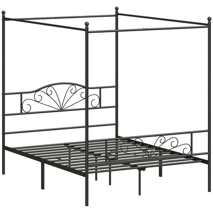 King Size Four-Poster Canopy Bed Frame | Headboard & Footboard | EVA-Padded Centre Bar | 12 Slats | 6 Legs | 29cm Under-Bed | 240kg | Mosquito Net Posts | 155.5x207x191cm | Black / White