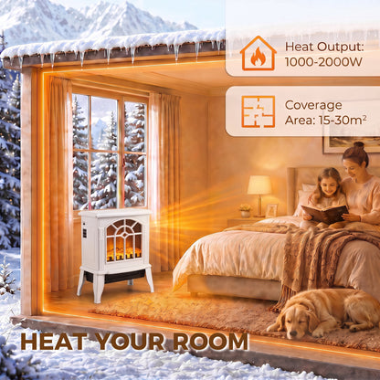 Electric Fireplace Stove | White Freestanding 2000W Heater with 3D LED Flame Effect