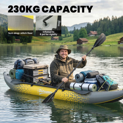 Inflatable Tandem Kayak Set | 2-Person | 381cm | Drop-Stitch Floor | Adjustable Seats | 230kg | Aluminium Oars | Grey & Yellow