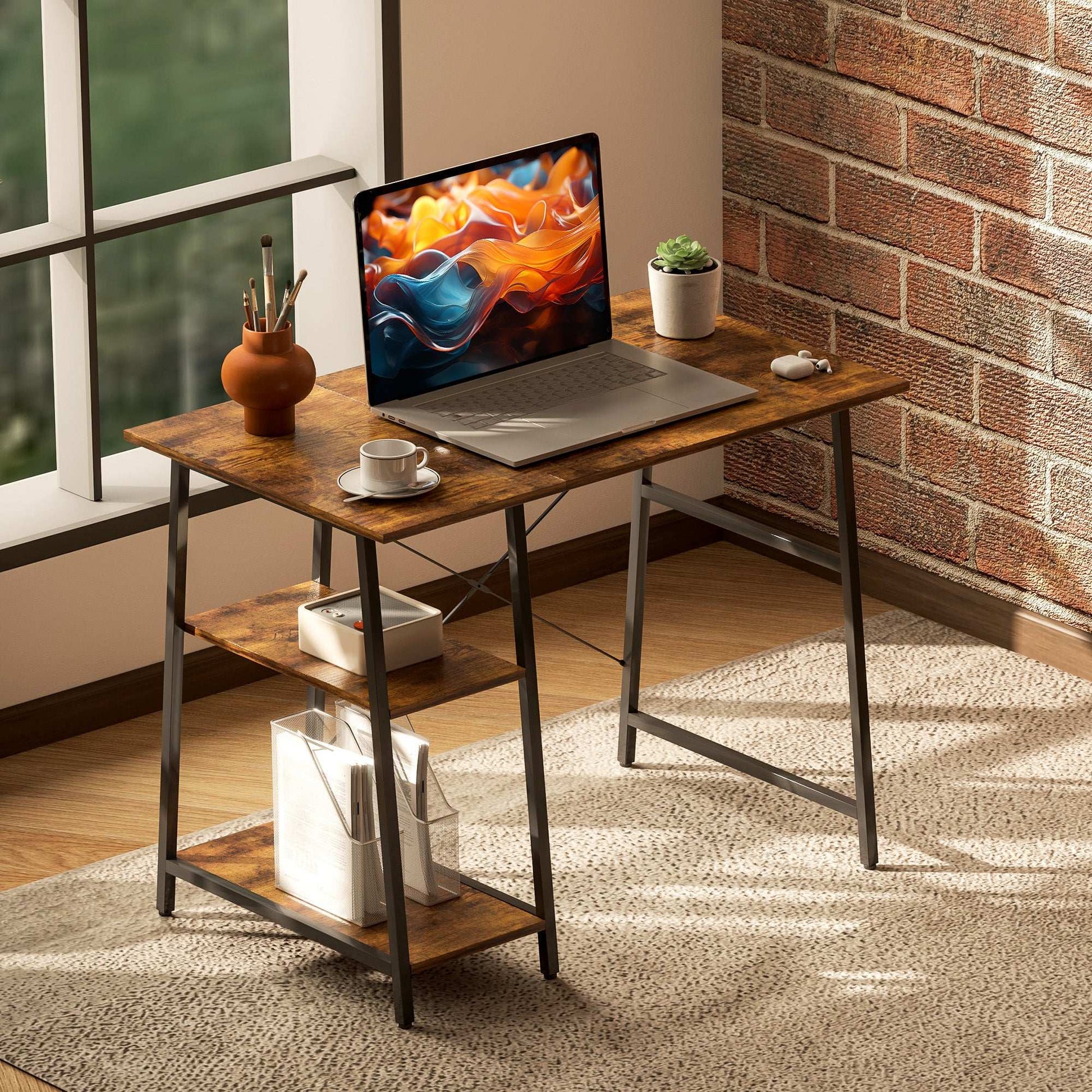 100cm Computer Desk with Storage, Industrial Home Office Desk with 2 Tier Shelves and Steel Frame, Computer Table for Study Room, Rustic Brown