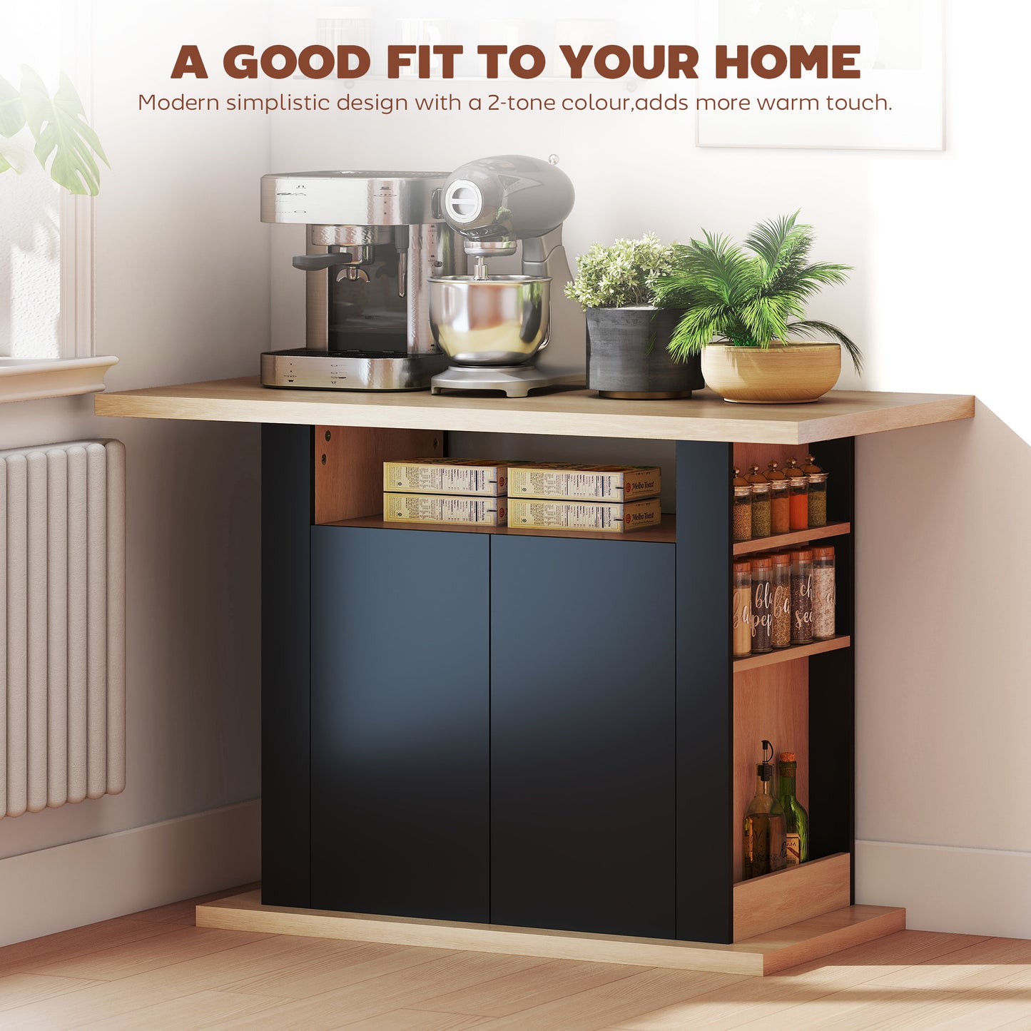 Kitchen Island with Storage Cabinets & Spice Rack | 4-Person Tabletop | Adjustable Shelves | Black & Natural Wood