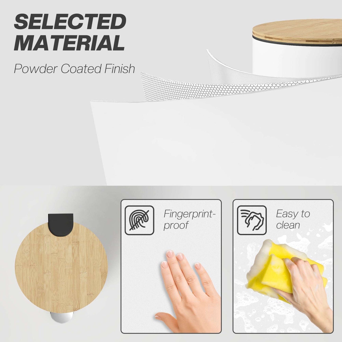 30L Kitchen Pedal Bin | Soft-Close Bamboo Lid | Removable Inner Bucket | Lid Stay-Open | Fingerprint-Proof | Metal & PP | Fully Assembled | 36x30x60.5cm | White & Natural