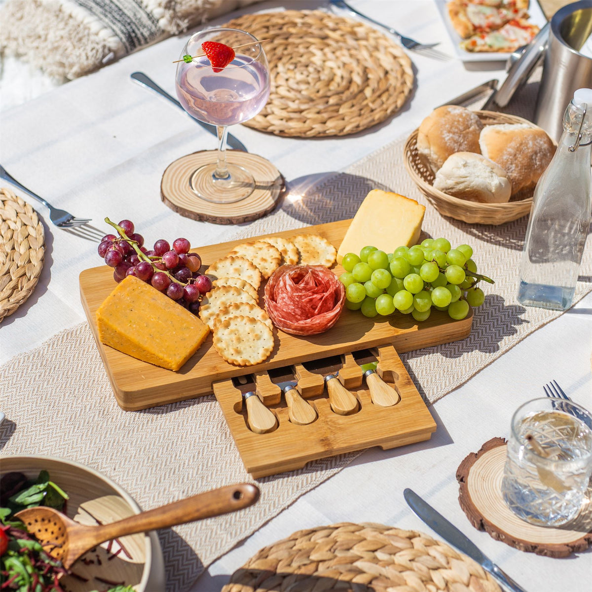 Maison & White Bamboo Cheese Board | 40cm Serving Platter with Hidden Drawer | 3 Cheese Knives & Fork | Charcuterie & Entertaining Set