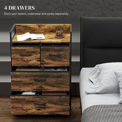 Bedroom Chest Set Of 4 Drawer Dresser Storage Organiser Unit W/ Foldable Drawers, Steel Frame For Living Room, Entryway, Rustic Brown
