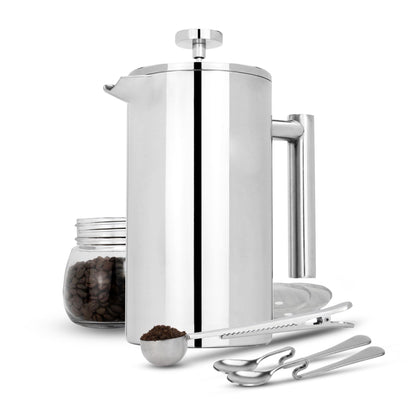 Maison & White French Press Cafetiere | 1000ml | Double-Walled Stainless Steel | Keeps Warm 2hrs | 7-Piece Set | 3 Filters 2 Spoons Scoop Clip | Hand Wash | 2-Year Warranty