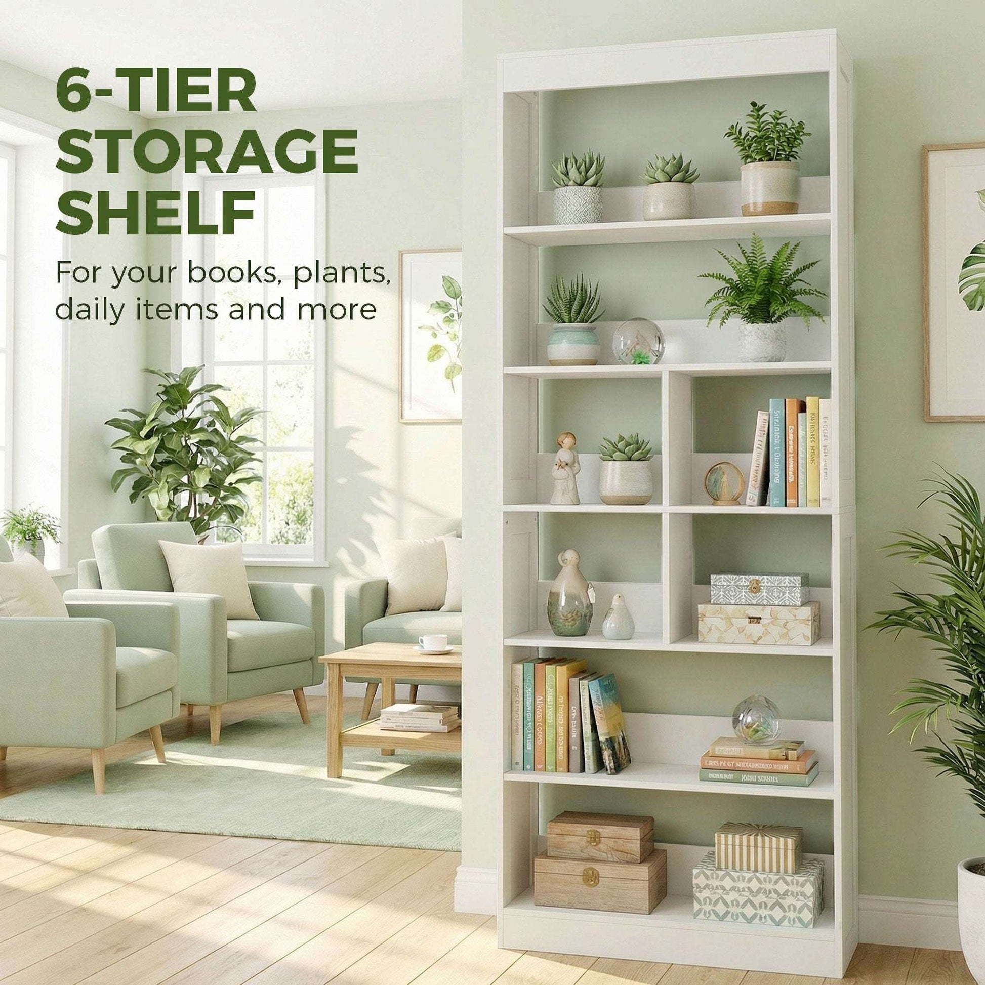 6-Tier Bookcase | 4 Open Shelves & 4 Cubes | 180cm Tall | Anti-Tip Hardware & Back Baffles | Water & Scratch-Resistant Melamine | 35kg Total 5kg Per Tier | 68x24x180cm | White