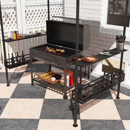 8' x 5' Grill Gazebo Canopy, Double Tiered Outdoor BBQ Gazebo Shelter with 2 Side Shelves, Storage Baskets, Hook for Garden