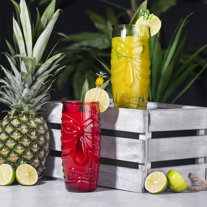 Pukkr Tiki Cocktail Glasses | Set of 2 × 600ml | Red & Green Embossed Face Design | Tropical Cocktail & Mocktail Tumblers