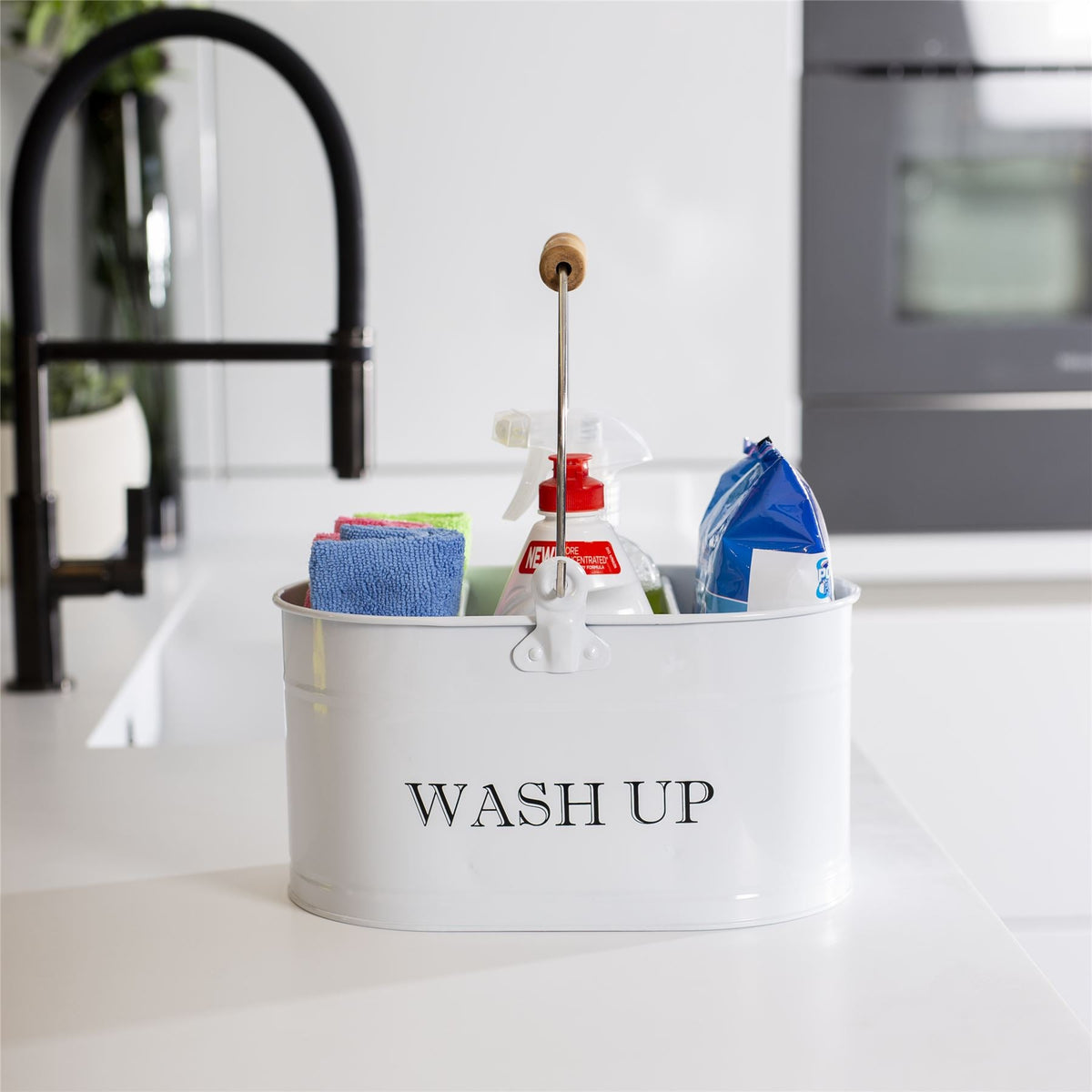 Maison & White Wash-Up Tidy | Chalk White Powder-Coated Steel Cleaning Caddy | 3 Compartments & Carry Handle | 27 × 14cm