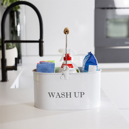 Maison & White Wash-Up Tidy | Chalk White Powder-Coated Steel Cleaning Caddy | 3 Compartments & Carry Handle | 27 × 14cm