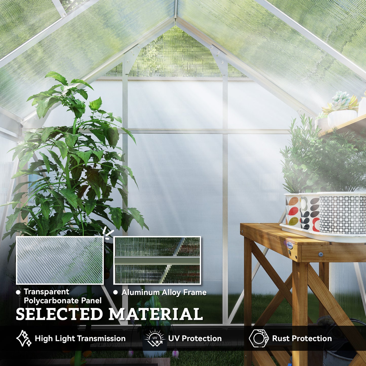 Walk-In Polycarbonate Greenhouse | 6x4ft | Aluminium Frame | Sliding Door | Roof Vent | 40kg/m² Snow Load | Silver