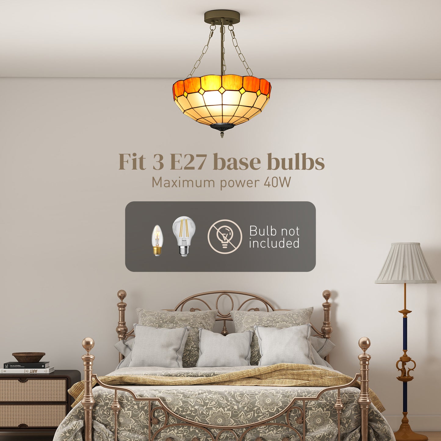 Tiffany Style Ceiling Light, Vintage Chandelier with 3 E27 Sockets, Semi Flush Mount for Living Room, Bulbs Not Included