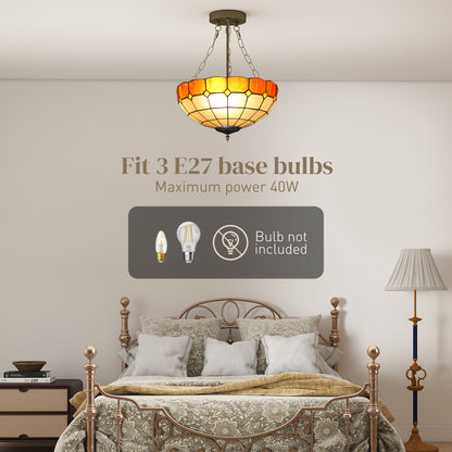 Tiffany Style Ceiling Light, Vintage Chandelier with 3 E27 Sockets, Semi Flush Mount for Living Room, Bulbs Not Included