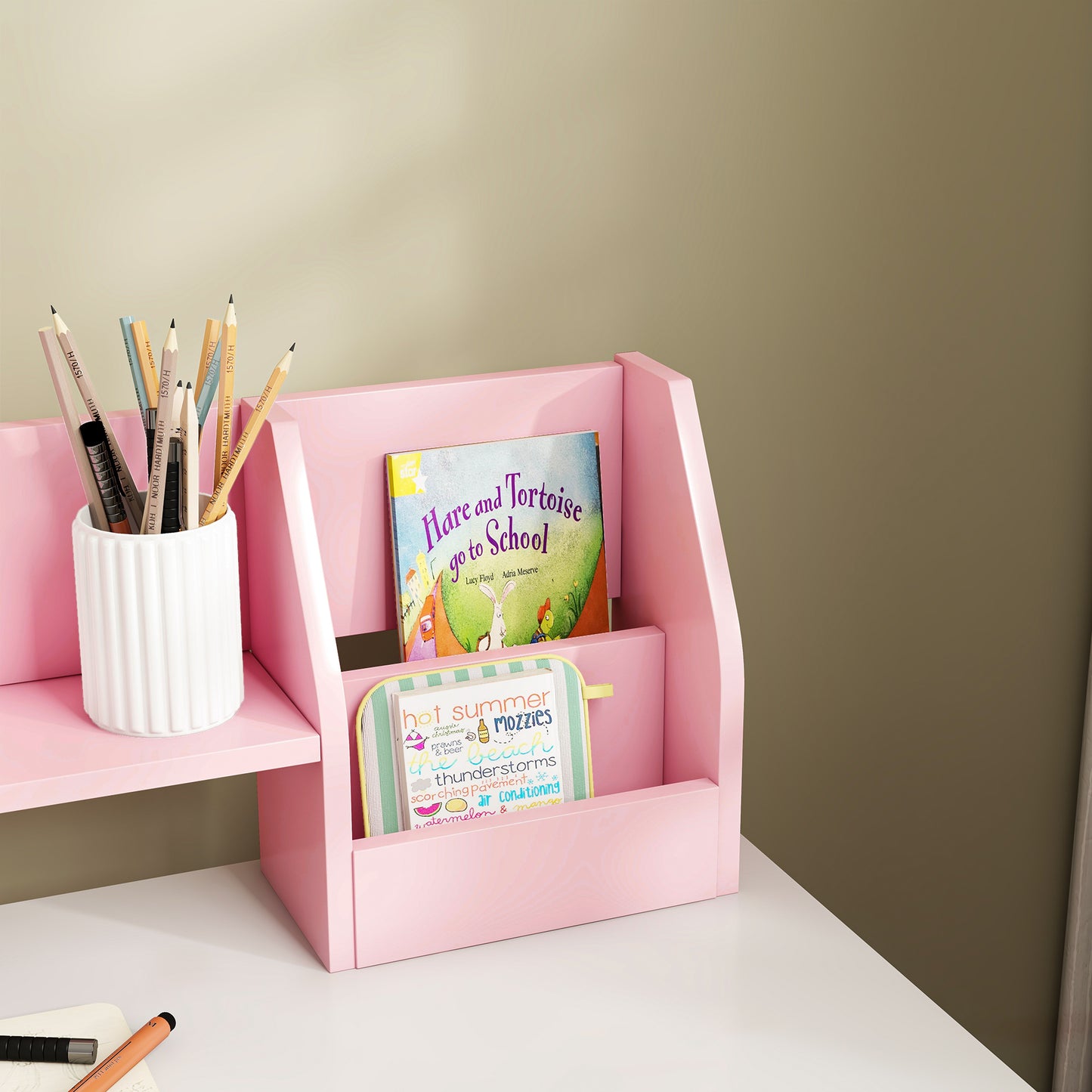 ZONEKIZ Two-Piece Kids Desk and Chair Set with Storage, for Ages 5-8 Years - Pink / Grey
