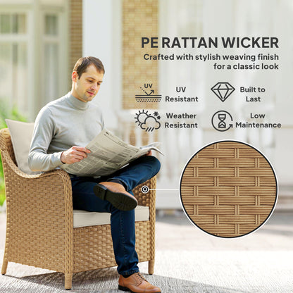 Outsunny Rattan Garden Chairs Set of 2, Outdoor Rattan Chairs with Cushions, Armrests and High Back, PE Wicker Garden Armchair with Steel Frame for Balcony, Porch