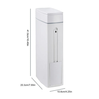 Slim Trash Can with Cleaning Brush and Lid Plastic Waste Basket Garbage Bucket for Bathroom Narrow Space