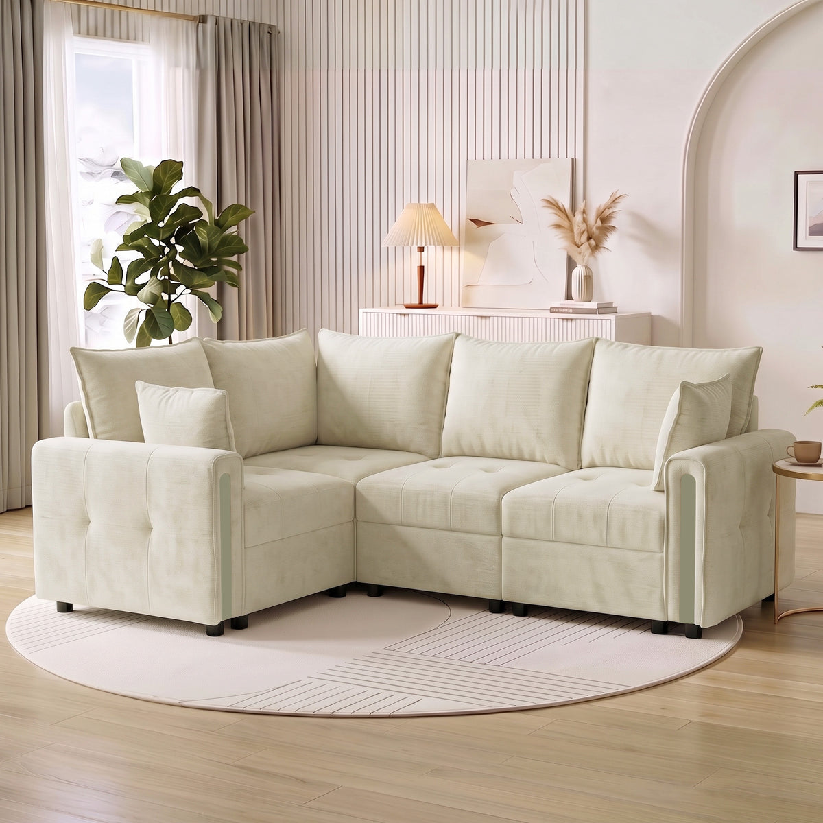 228cm Reversible L-Shaped Sofa | 3-Seater Velvet Corner Sofa with Lift-Up Storage | Deep Padded Seats & Wide Arms | Beige or Green