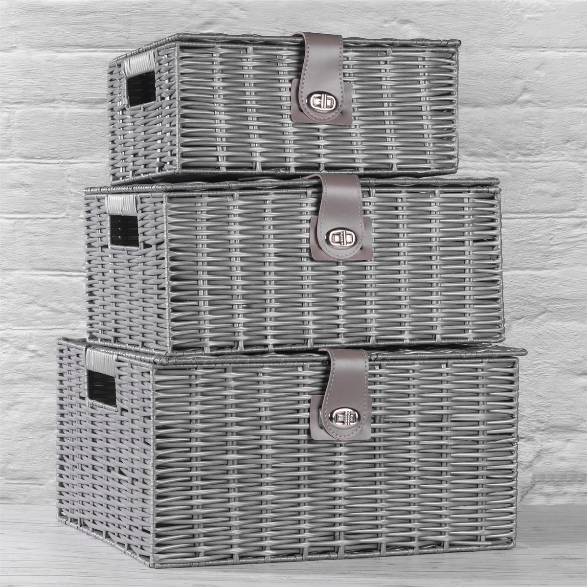 Maison & White Resin Woven Storage Baskets | Set of 3 Grey Lidded Boxes | Small, Medium & Large | Side Handles & Twist Clasps