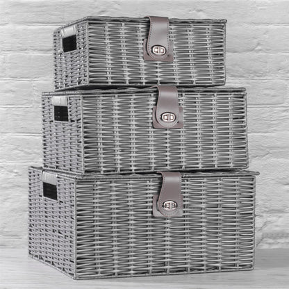 Maison & White Resin Woven Storage Baskets | Set of 3 Grey Lidded Boxes | Small, Medium & Large | Side Handles & Twist Clasps