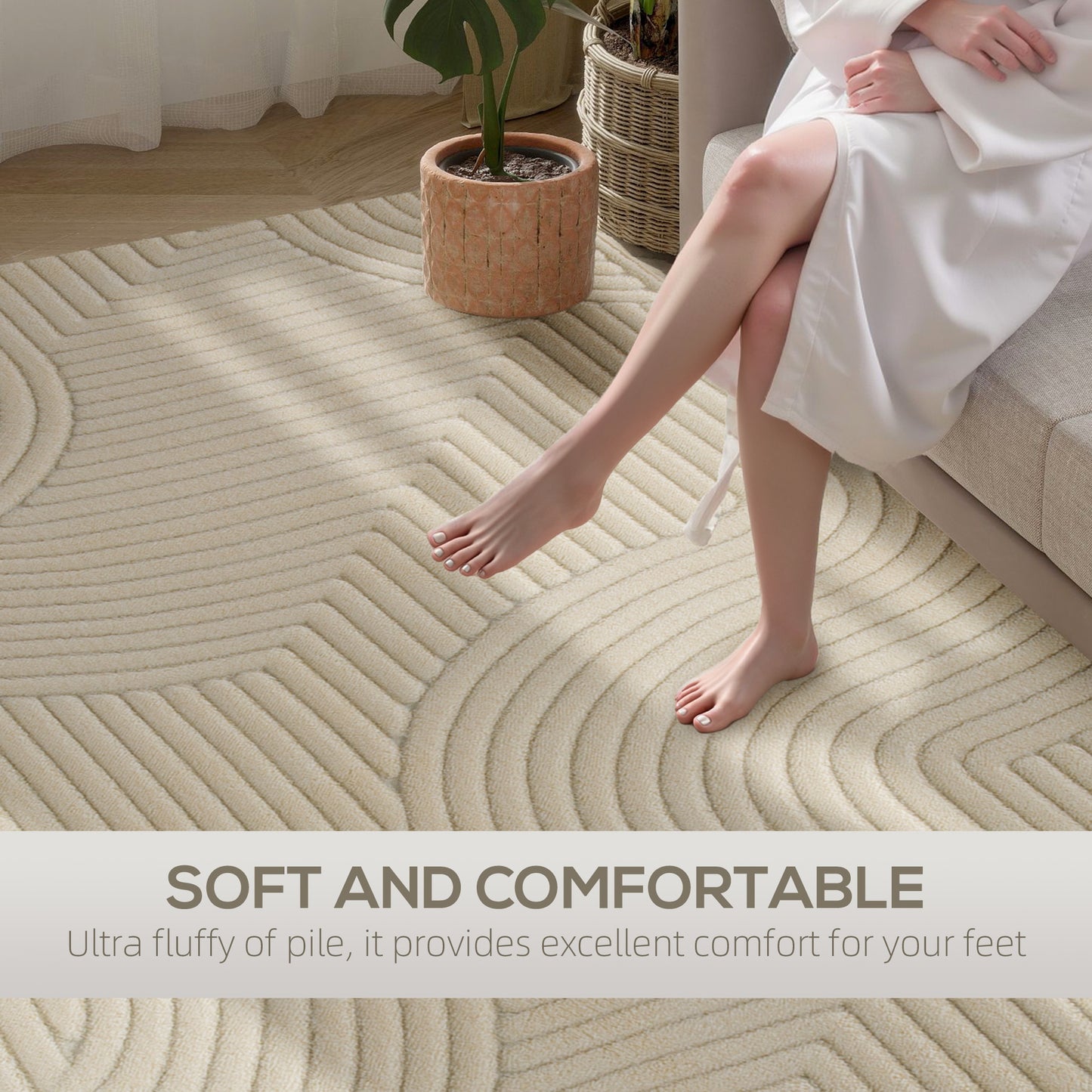 Modern Geometric Jacquard Rug | 15mm Plush Pile | Non-Slip Cotton-Polyester Backing | Reinforced Edges | 160x120cm | Cream