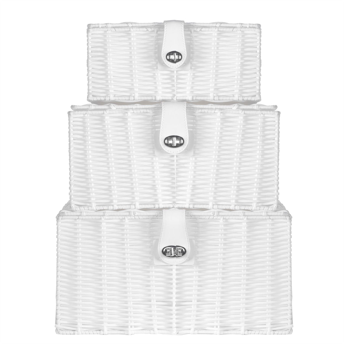 Maison & White Set of 3 Resin Woven Storage Baskets | White | Locking Lids | Stackable | Wipe Clean | Small 12.5x28x20cm | Medium 15.5x33x24cm | Large 18.5x36x28cm | 2-Year Warranty