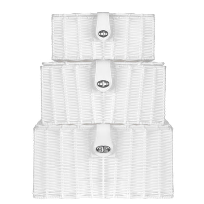 Maison & White Set of 3 Resin Woven Storage Baskets | White | Locking Lids | Stackable | Wipe Clean | Small 12.5x28x20cm | Medium 15.5x33x24cm | Large 18.5x36x28cm | 2-Year Warranty