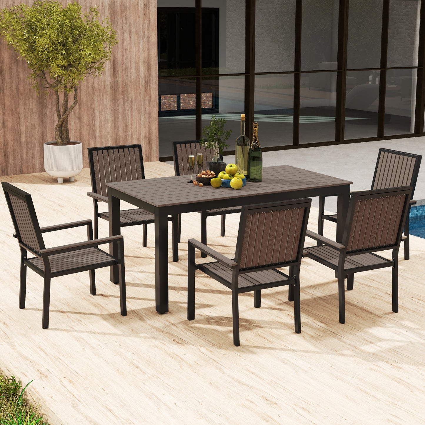 6 Seater Garden Dining Set with Stackable Chairs, Aluminium Frame, Rectangular Plastic Top, Garden Furniture Set, Outdoor Dining Table and Chairs