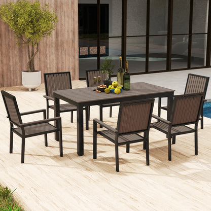 6 Seater Garden Dining Set with Stackable Chairs, Aluminium Frame, Rectangular Plastic Top, Garden Furniture Set, Outdoor Dining Table and Chairs