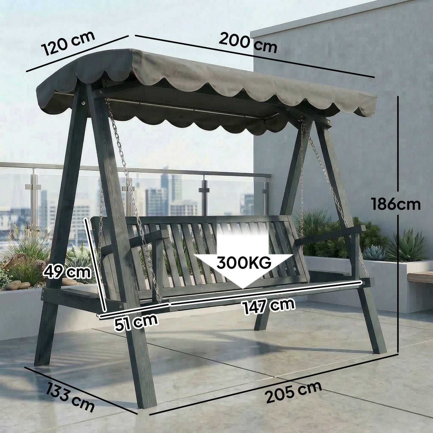 3-Seater Garden Swing Seat with Canopy | Pine Wood Frame | UV-Resistant | 360kg | Grey