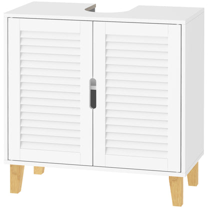 Under Sink Bathroom Cabinet | 60W x 30D x 60H cm | 2 Louvre Doors, Adjustable Shelf & Bamboo Legs | White & Natural