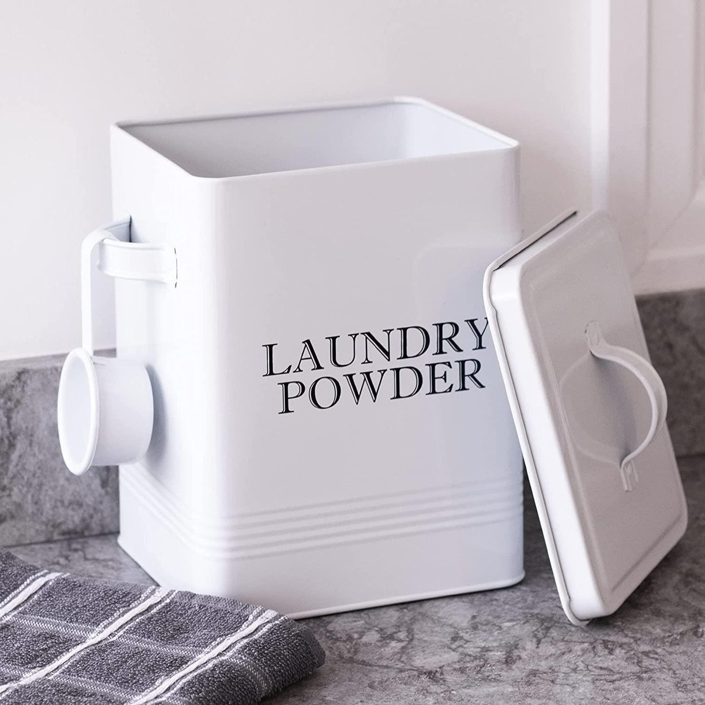Laundry Powder Storage Tin | Powder-Coated Steel | Secure Lid | Side Carry Handles | 83.5ml Scoop Included | 26x20x15cm | 2-Year Warranty | White