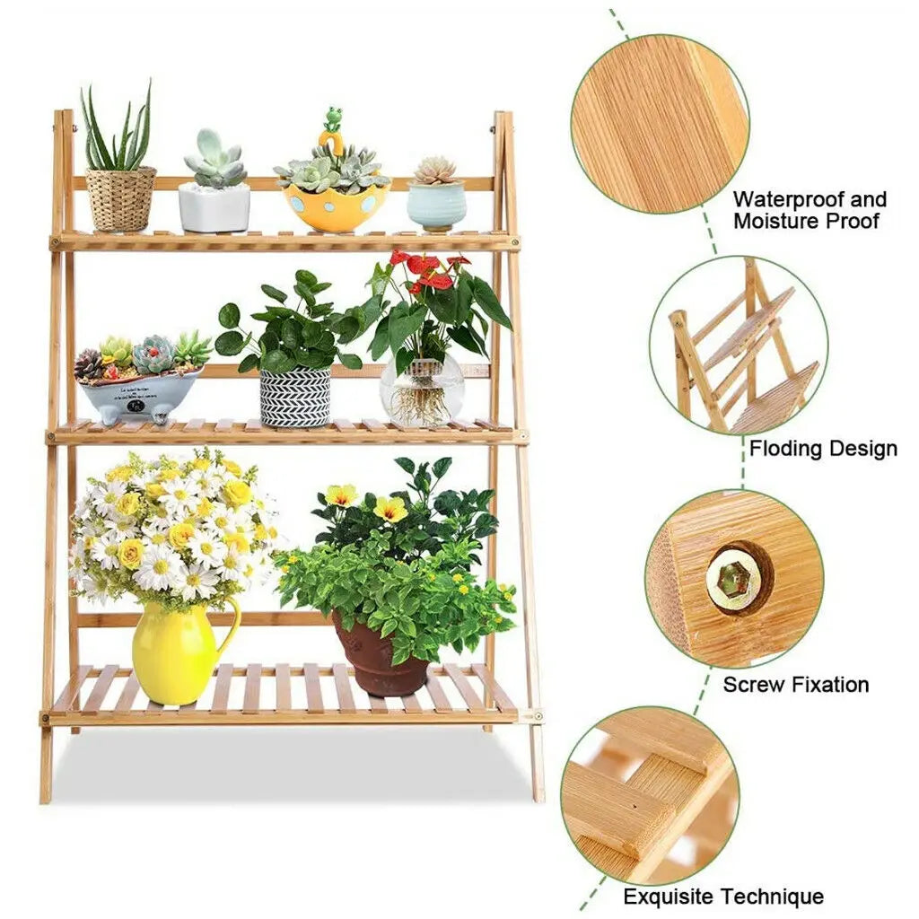 3 Tiersbamboo Ladder Plant Stand Foldable Flower Display Rack