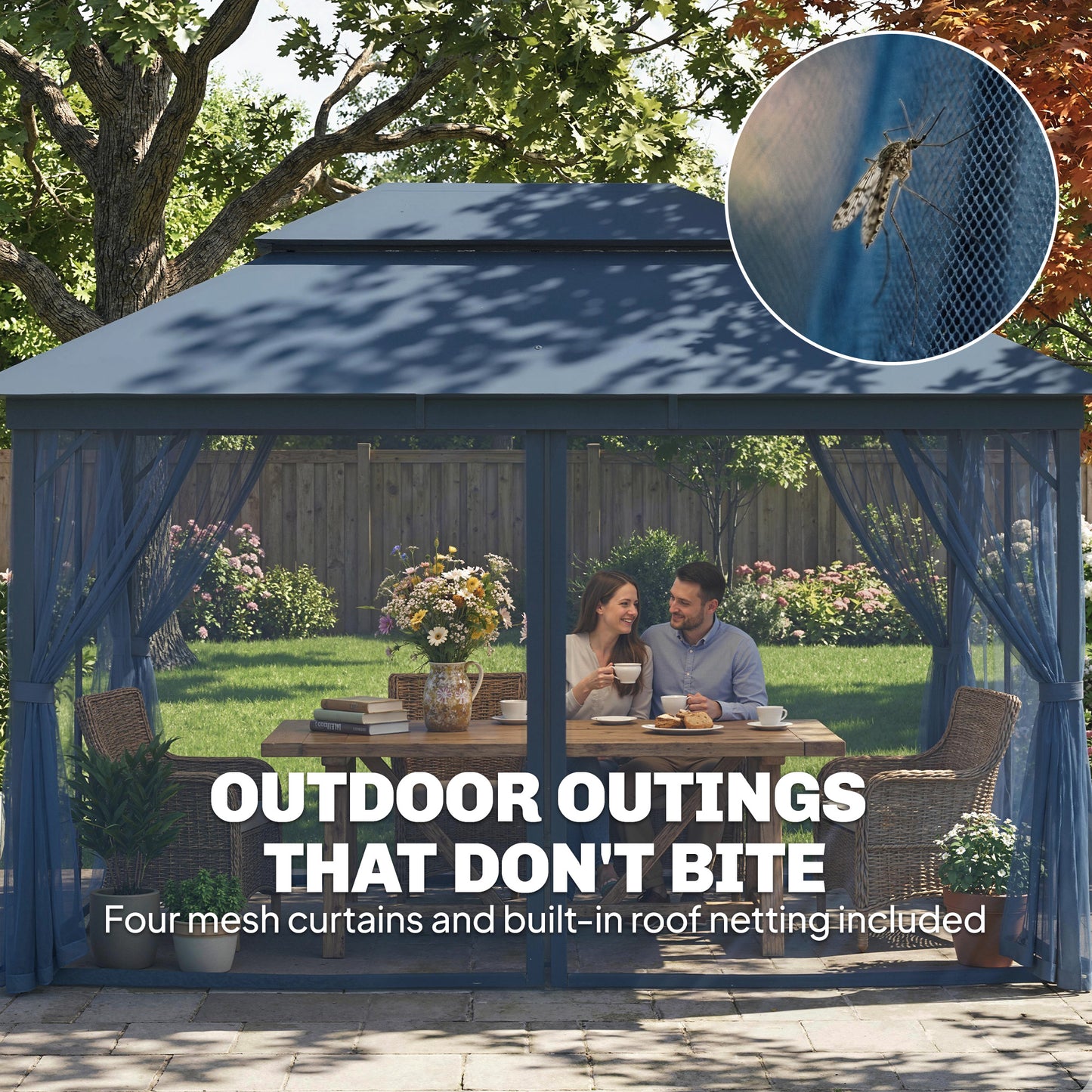4x3m Permanent Garden Gazebo with Curtains & Netting | Double-Tier UPF50+ Roof | Drainage Holes | Powder-Coated Metal Frame | Expansion Screws | Ground Stakes | Guy Ropes | Dark Blue