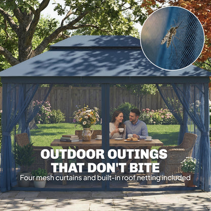 4x3m Permanent Garden Gazebo with Curtains & Netting | Double-Tier UPF50+ Roof | Drainage Holes | Powder-Coated Metal Frame | Expansion Screws | Ground Stakes | Guy Ropes | Dark Blue