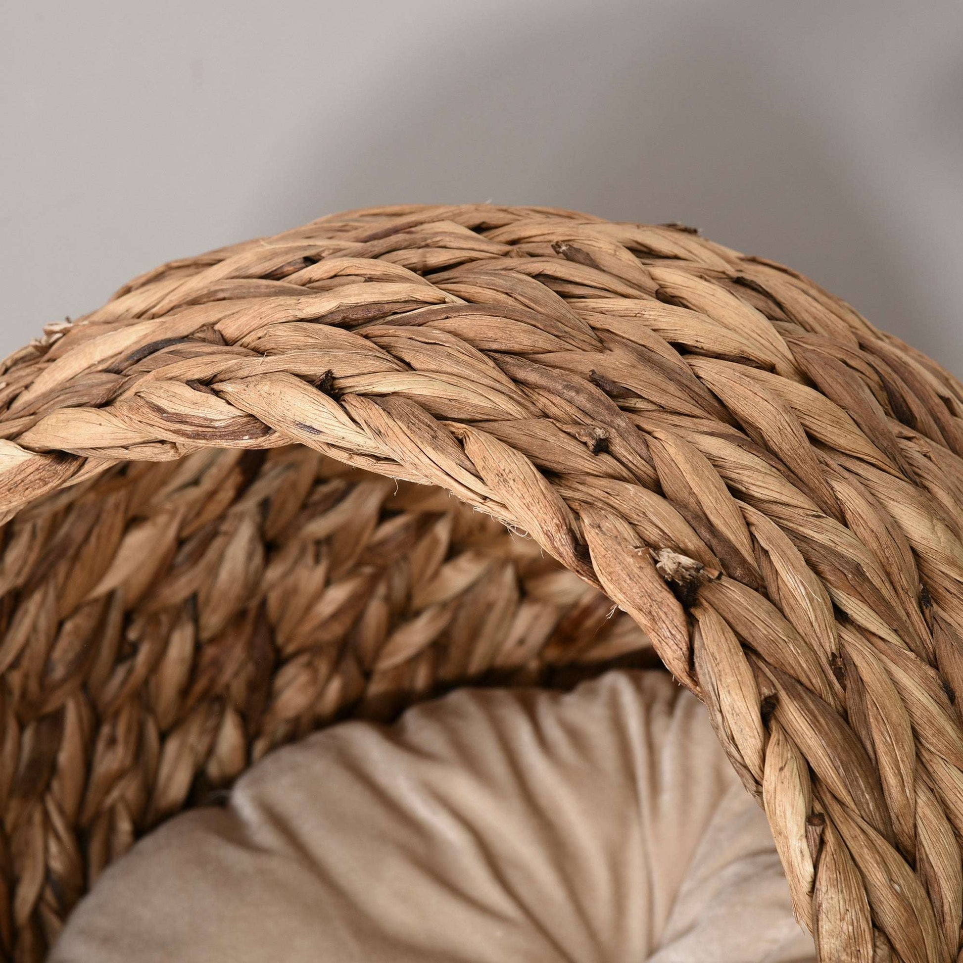 Woven Water Hyacinth Elevated Cat Bed | Wicker Dome Cave | Soft Removable Washable Cushion | Hand-Woven | Metal Wire Frame | Elevated Pod Design | 50x42x60cm | Brown